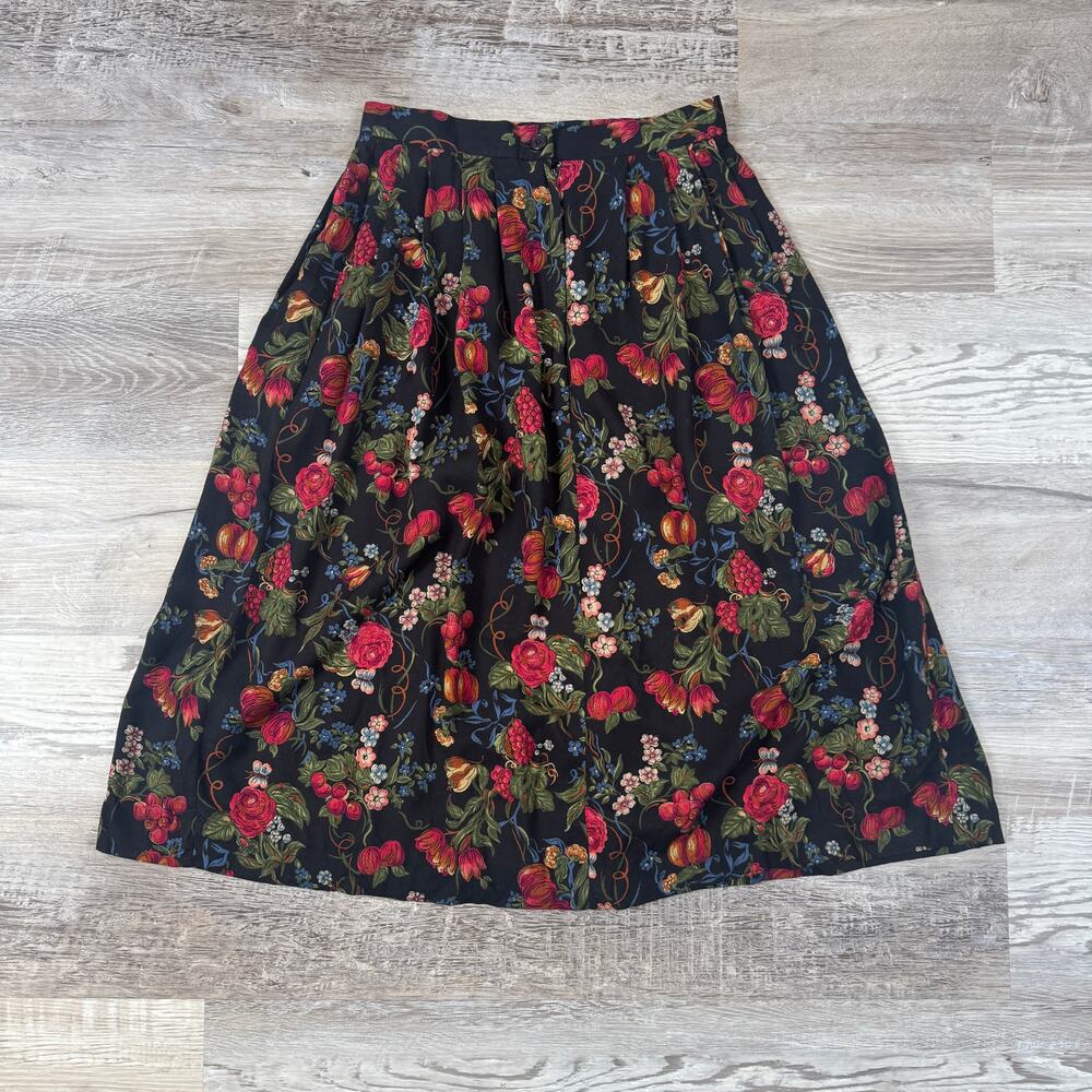 Vintage 1990s Susan Bristol Floral Wool Midi Skirt 6 Cottage Dark Academia Fall